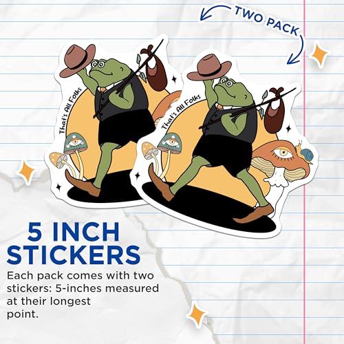 (2 Pack) Frog Wanderer Stickers - That's All Folks - Mushroom Adventure Decal - 5" On Longest Side - Sticks to Smooth Flat Surfaces - Made in USA - BMCS6612