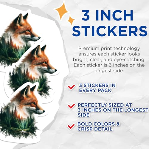 (3 Pack) Fox Forest Decals - Animal Decal - Laptop Decals - 3 Inches On Longest Side - Easy Peel & Apply - Made in USA - 3MCS1141