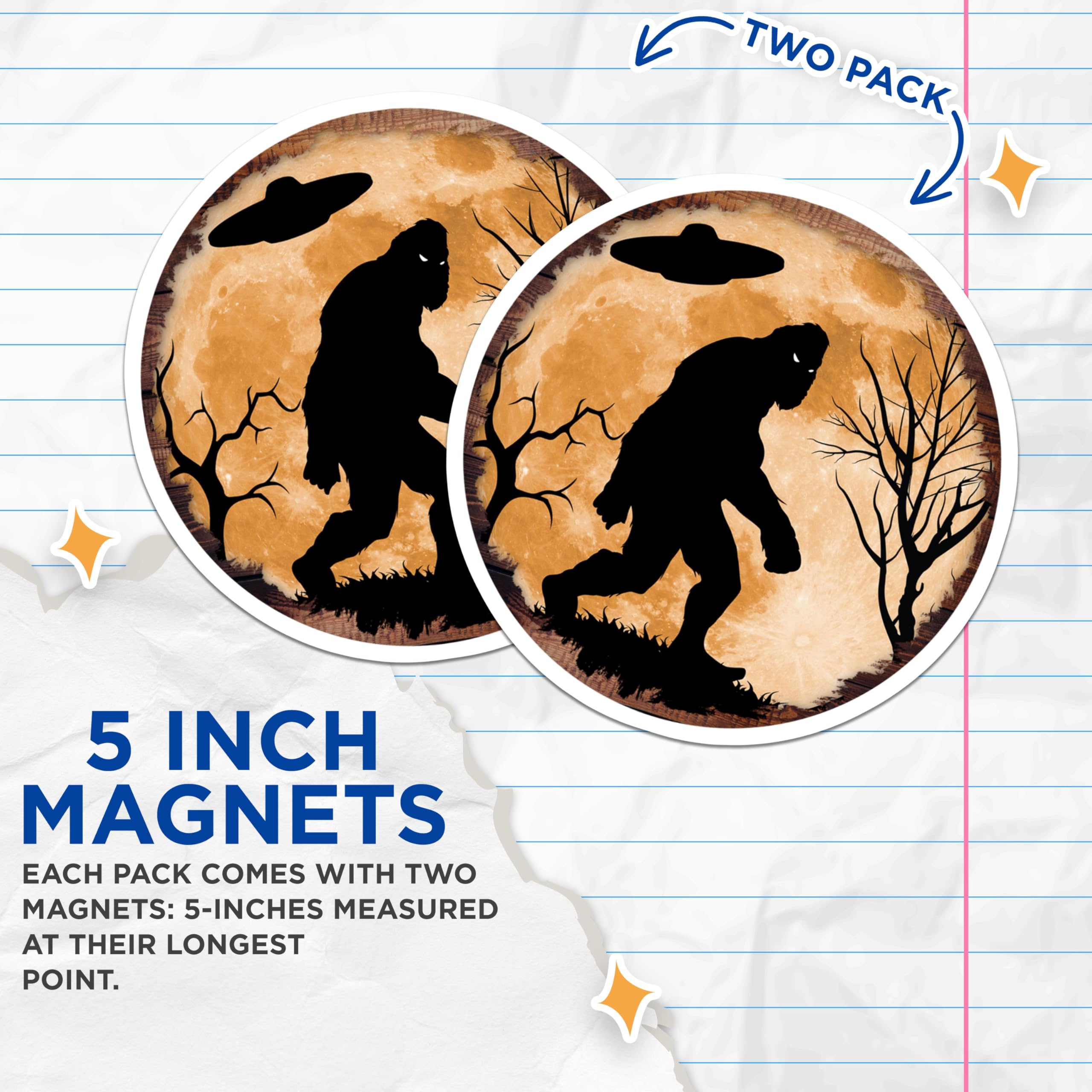(2 Pack) Bigfoot UFO Magnets - Sasquatch Paranormal Decor - Cryptid Full Moon Art - 5 Inches On Longest Side - Thick Durable Magnet - Made in USA - MAG29237