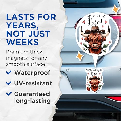 (2 Pack) Funny Highland Cow Magnets - Shut Up and Kiss Me Heifer Magnets - Cute Animal Lovers Magnets - 5" On Longest Side - for Cars, Refrigerators, Toolboxes, Lockers - Made in USA BMCS3154