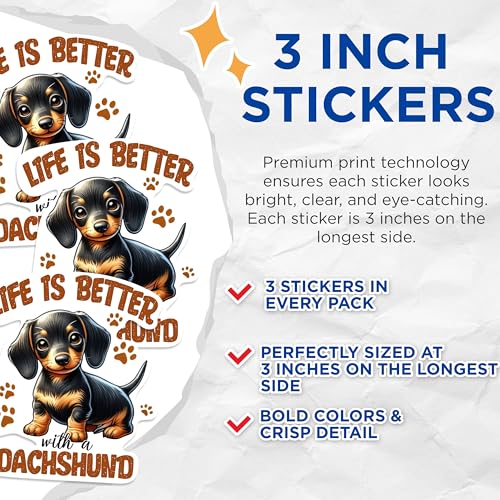 (3 Pack) Dachshund Decals - Weiner Dog Stickers - Dog Breed Decals - 3 Inches On Longest Side - Easy Peel & Apply - Made in USA - 3MCS0869