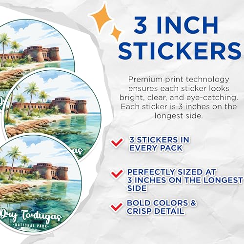 (3 Pack) Dry Tortugas Decals - National Park Decor - Tropical Island Vacation - 3 Inches On Longest Side - Easy Peel & Apply - Made in USA - 3MCS0460