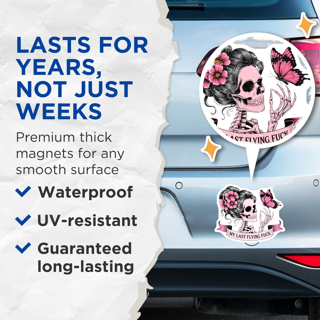 (2 Pack) Humorous Sarcastic Pink Skeleton Magnets - My Last Flying Fuck Quote - Gothic Floral Butterfly Skull Aesthetic Decor - 5 Inches On Longest Side - Thick Durable Magnet - Made in USA - MAG21492