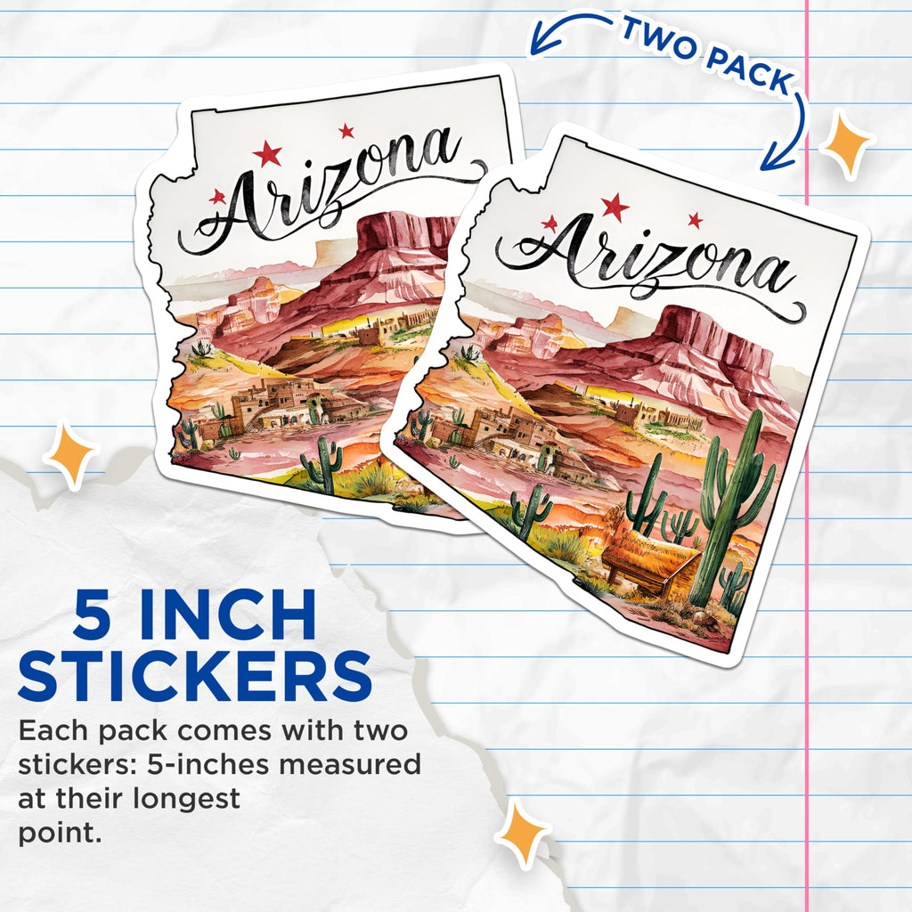 (2 Pack) Arizona Desert Stickers - Cactus and Mountains - Southwest Art Travel Decal - 5" On Longest Side - Sticks to Smooth Flat Surfaces - Made in USA - BMCS6277