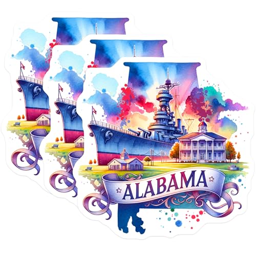(3 Pack) Alabama Decals - State Pride - Battleship USS Alabama- 3 Inches On Longest Side - Easy Peel & Apply - Made in USA - 3MCS5926