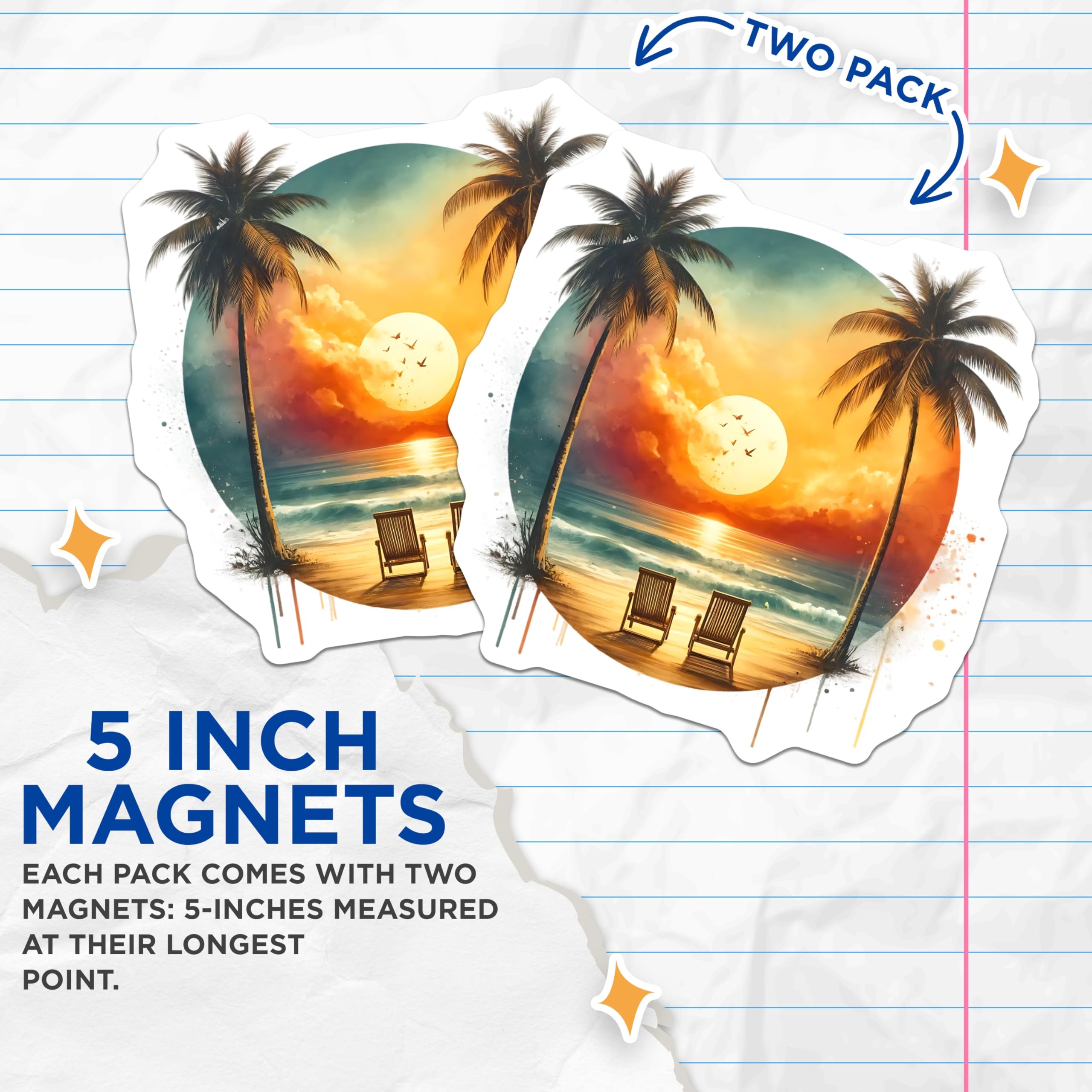 (2 Pack) Beach Scene Magnets - Palm Tree Ocean View - Coastal Decor Magnets - 5" On Longest Side - Premium Magnet - for Cars, Refrigerators, Toolboxes, Lockers - Made in USA - MAG16380