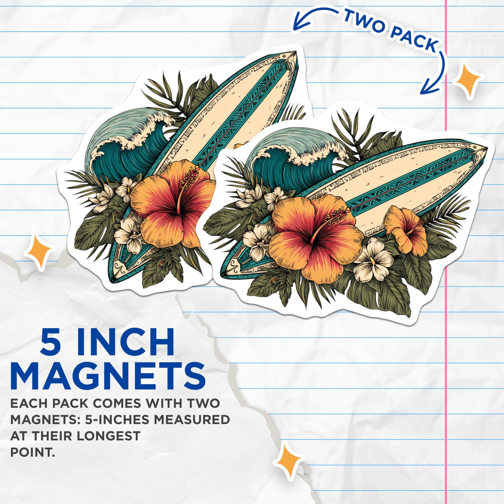 (2 Pack) Surfboard Magnets - Tropical Beach Decor - Hawaii Summer Vibes - 5 Inches On Longest Side - Thick Durable Magnet - Made in USA - MAG19639