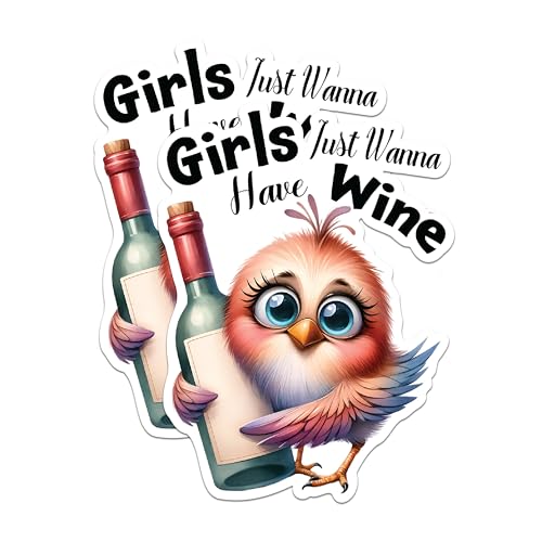 (2 Pack) Girls Just Wanna Have Wine Stickers - Funny Wine Stickers - Cute Animal Stickers - 5" On Longest Side - Sticks to Any Smooth Flat Surface - Made in USA - BMCS2921