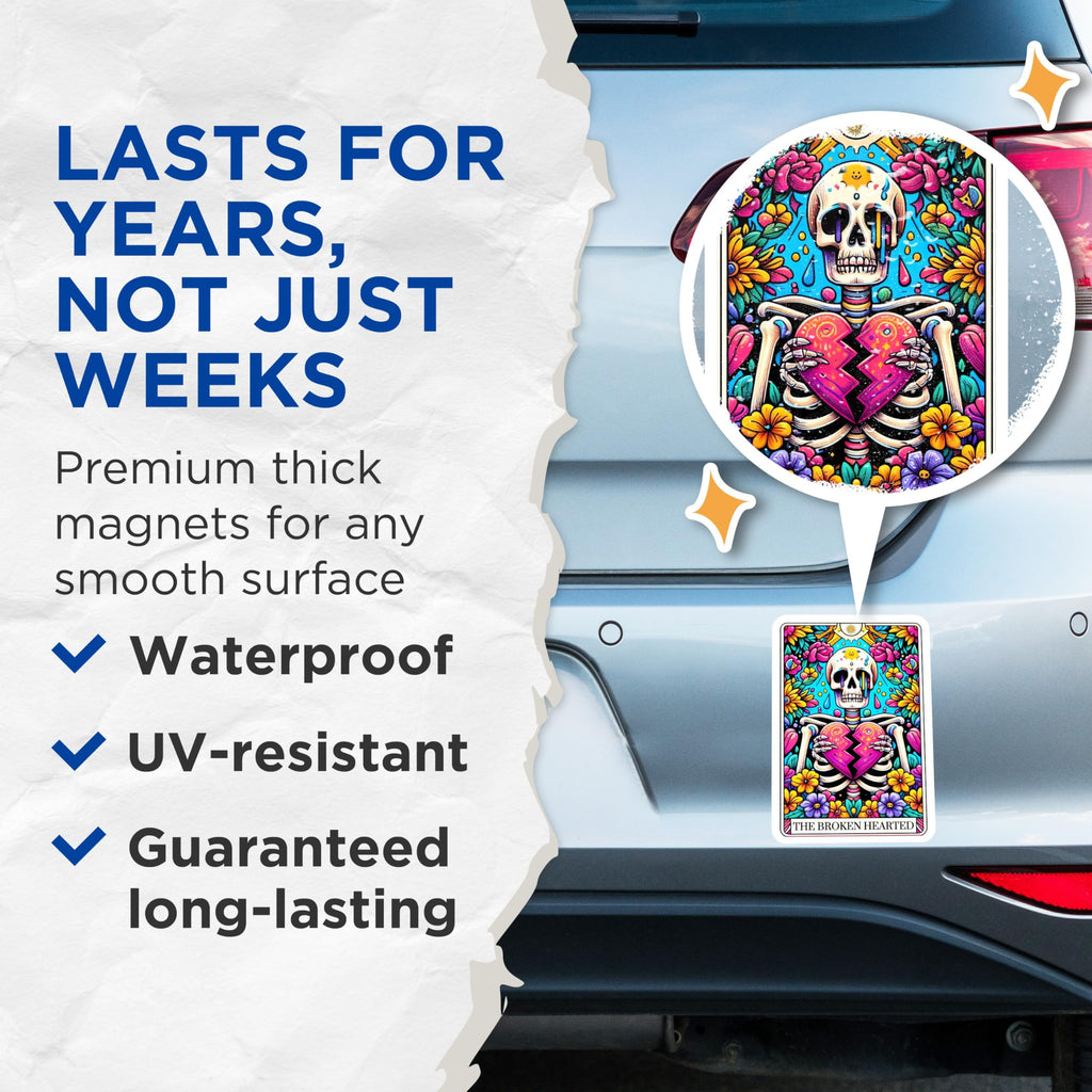 (2 Pack) Broken Heart Skeleton Magnets - Dia de Los Muertos Style Art - Vibrant Floral Gothic Refrigerator Decor - 5 Inches On Longest Side - Thick Durable Magnet - Made in USA - MAG28719