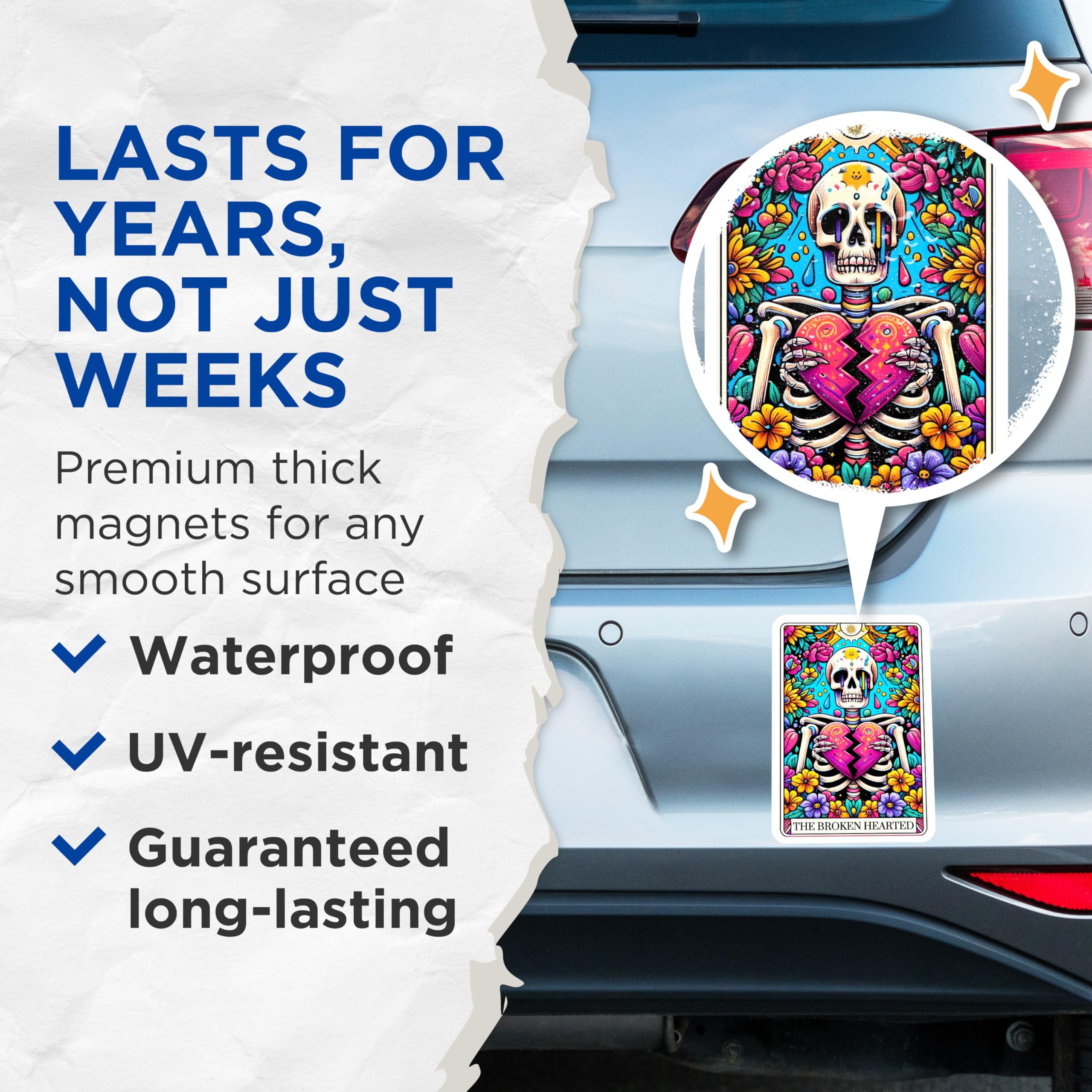 (2 Pack) Broken Heart Skeleton Magnets - Dia de Los Muertos Style Art - Vibrant Floral Gothic Refrigerator Decor - 5 Inches On Longest Side - Thick Durable Magnet - Made in USA - MAG28719