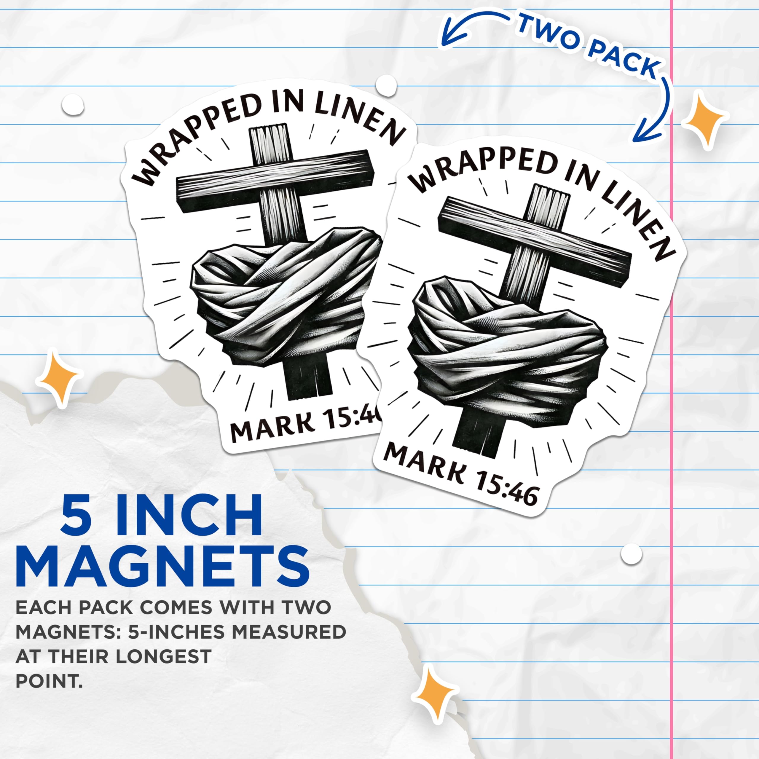 (2 Pack) Christian Cross Magnets - Wrapped in Linen Mark 15:46 - Religious Scripture Faith Decor - 5 Inches On Longest Side - Thick Durable Magnet - Made in USA - MAG23983