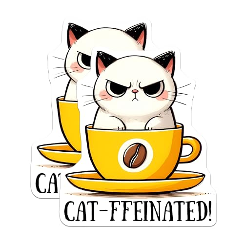 (2 Pack) Catfffeinated Cat Magnets - Cute Coffee Cat Magnets - Funny Animal Magnets for Fridge - 5" On Longest Side - for Cars, Refrigerators, Toolboxes, Lockers - Made in USA BMCS3294