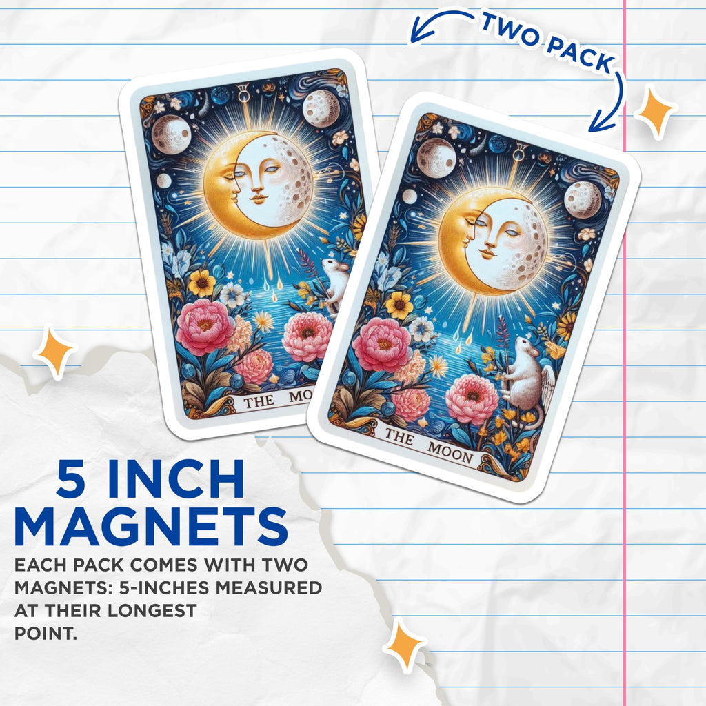 (2 Pack) The Moon Tarot Card Magnets - Celestial Lunar Art - Mystical Witchy Decor - 5 Inches On Longest Side - Thick Durable Magnet - Made in USA - MAG22286