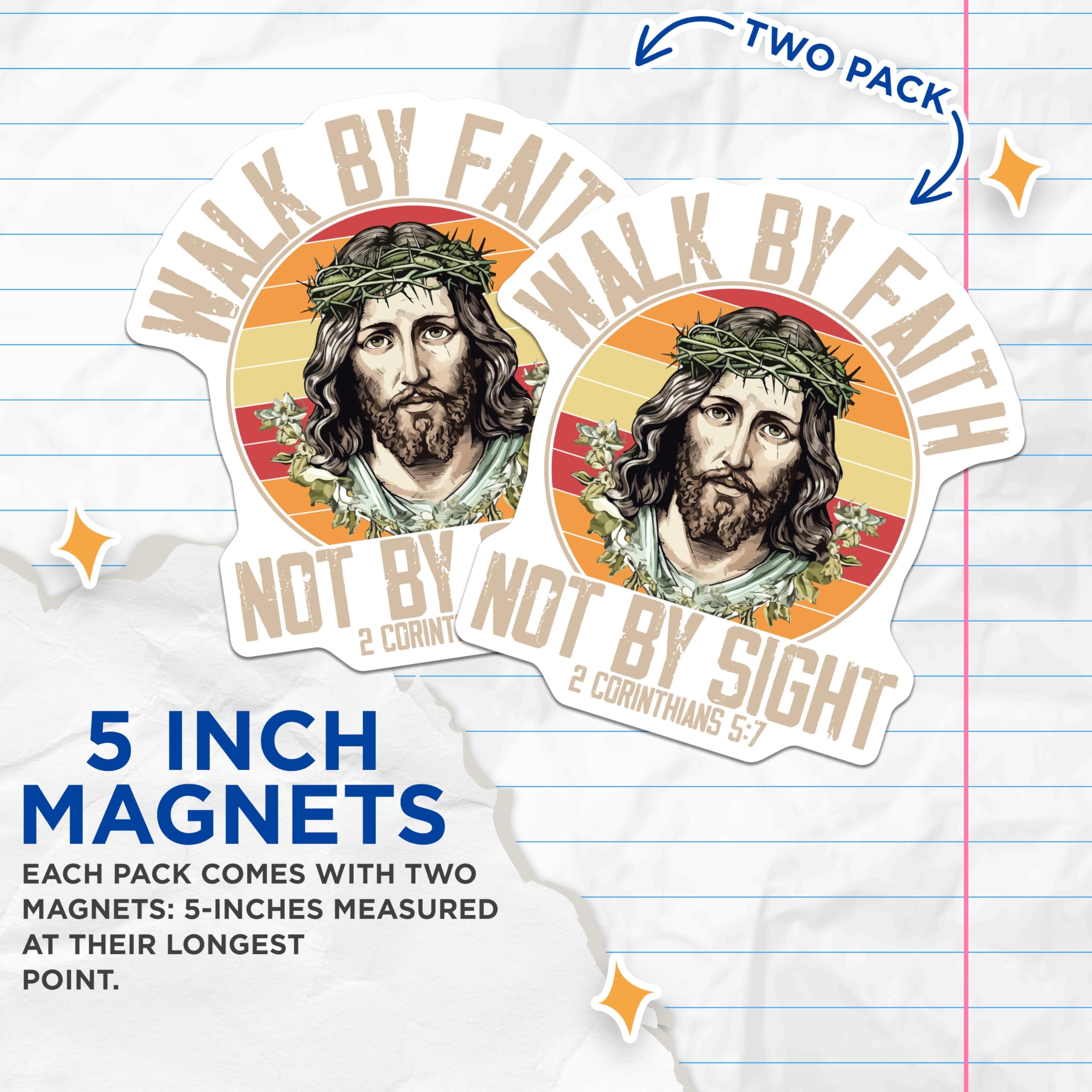 (2 Pack) Walk By Faith Magnets - Jesus Christ Scripture - Christian Inspirational Quote Decor - 5 Inches On Longest Side - Thick Durable Magnet - Made in USA - MAG29377