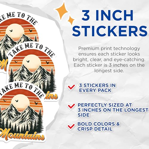 (3 Pack) Mountain Decals - Nature Inspired - Outdoor Adventure - 3 Inches On Longest Side - Easy Peel & Apply - Made in USA - 3MCS2042