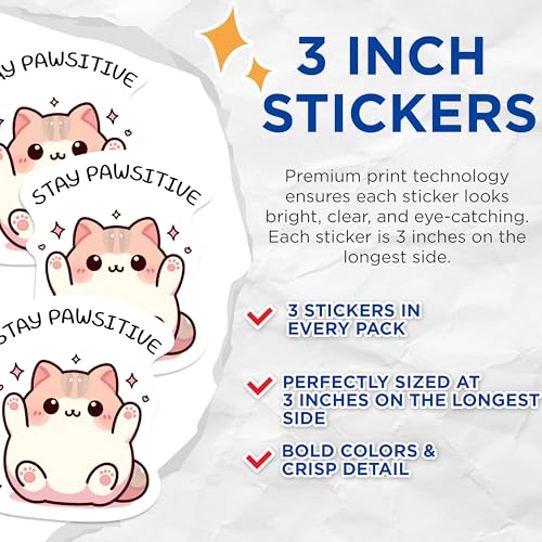 (3 Pack) Stay Pawsitive Decals - Cute Cat Illustration - Optimistic Kitten Decak - 3 Inches On Longest Side - Easy Peel & Apply - Made in USA - 3MCS1114