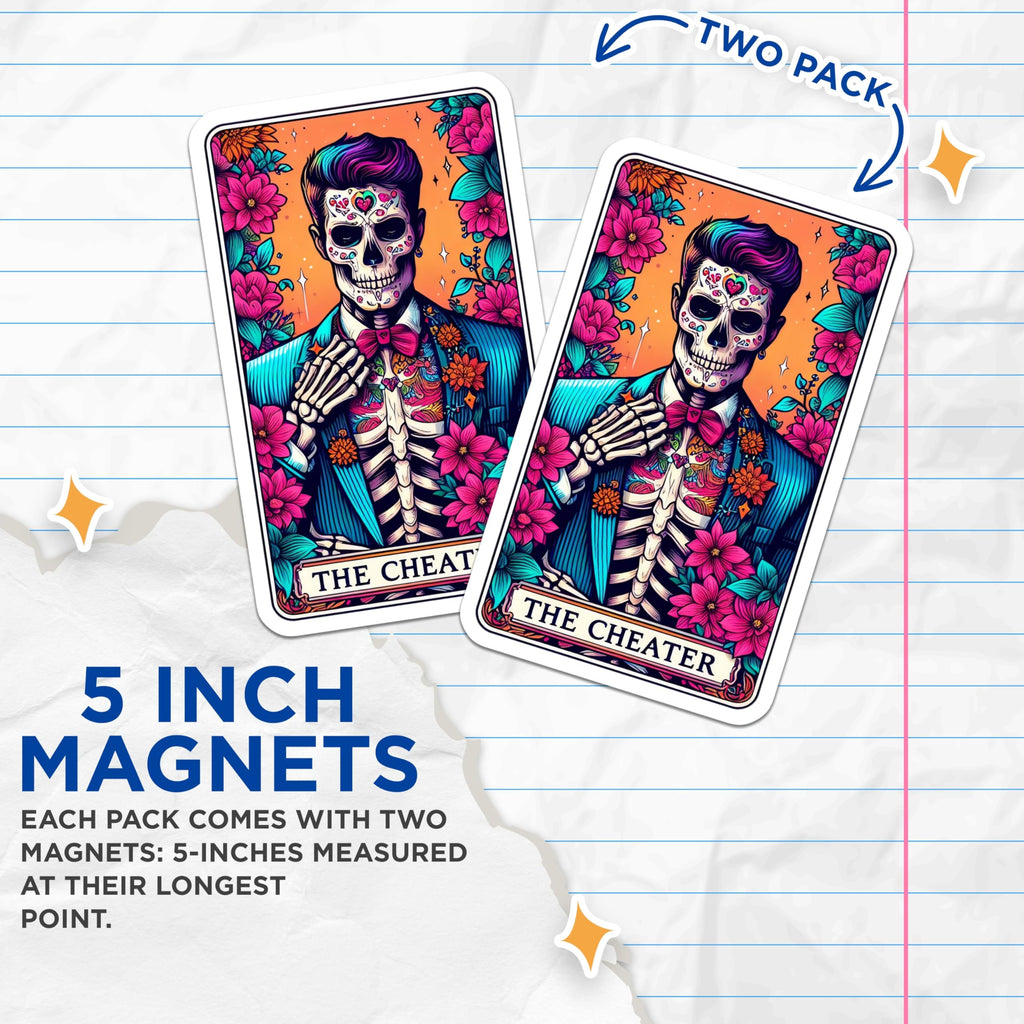 (2 Pack) Day of the Dead Magnets - Sugar Skull Tarot Card Art - The Cheater Skeleton Man Gothic Decor - 5 Inches On Longest Side - Thick Durable Magnet - Made in USA - MAG27852