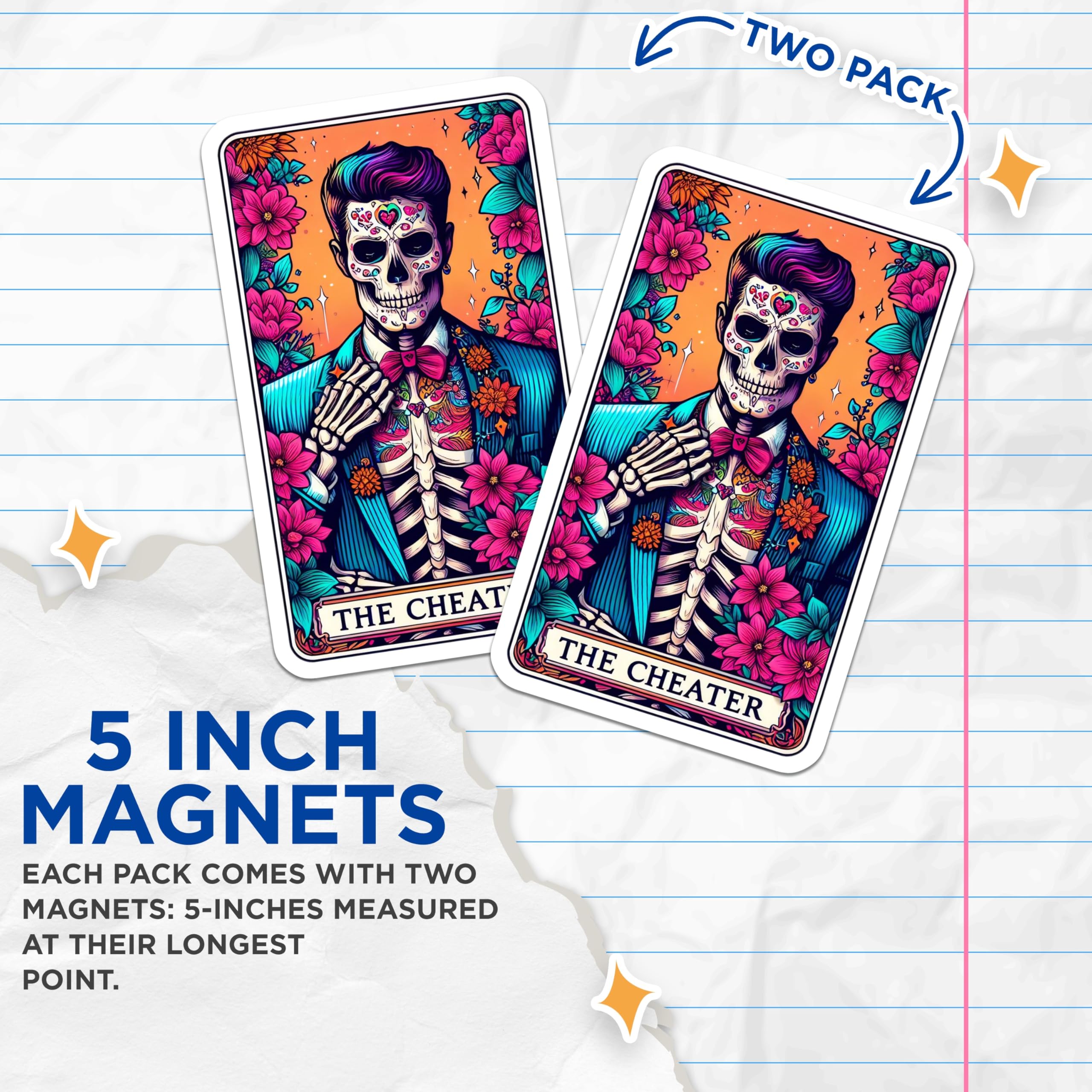 (2 Pack) Day of the Dead Magnets - Sugar Skull Tarot Card Art - The Cheater Skeleton Man Gothic Decor - 5 Inches On Longest Side - Thick Durable Magnet - Made in USA - MAG27852
