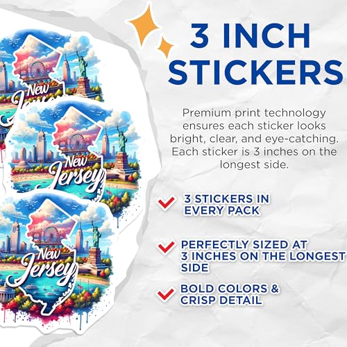 (3 Pack) New Jersey Decals - State Pride Stickers - Laptop Decal- 3 Inches On Longest Side - Easy Peel & Apply - Made in USA - 3MCS5748