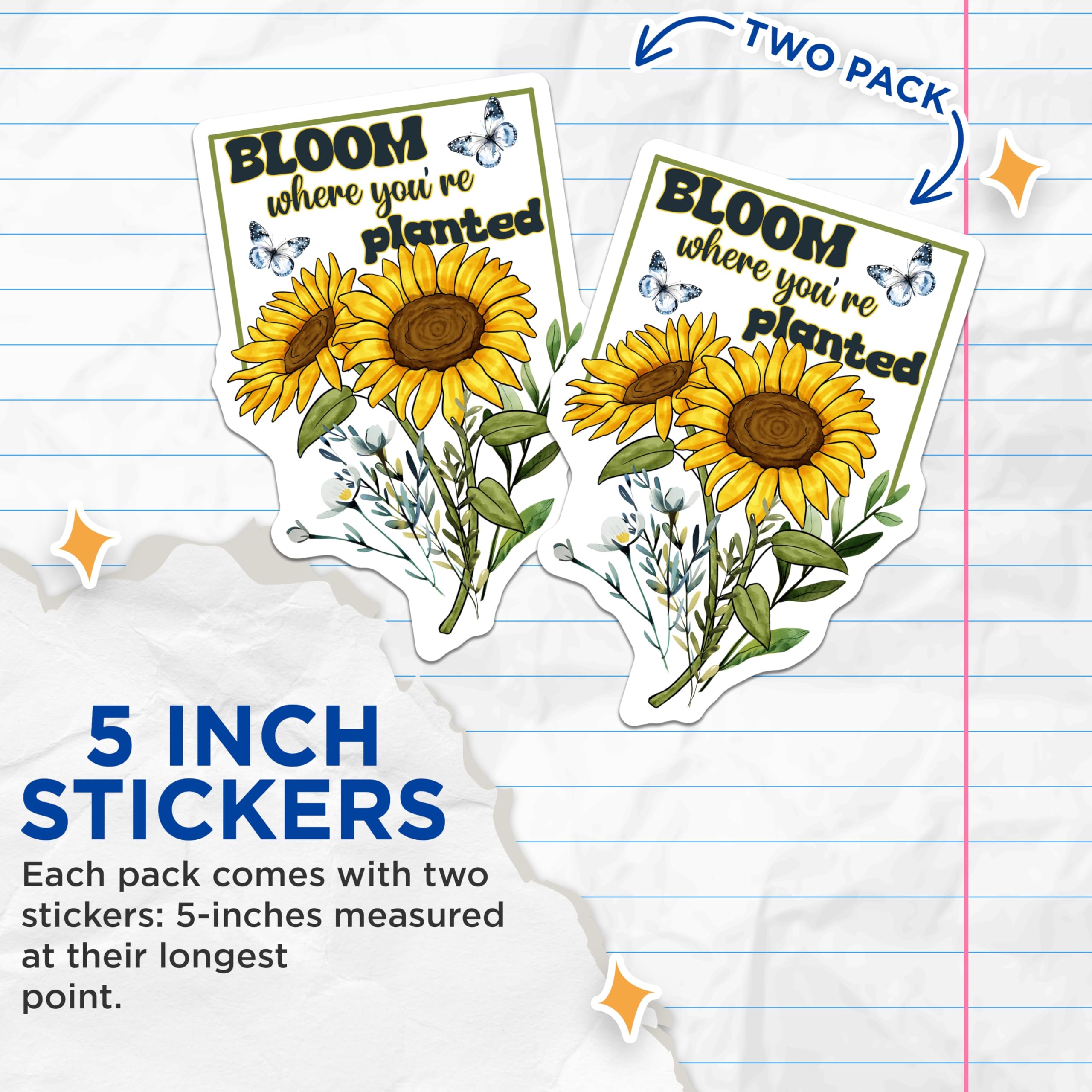 (2 Pack) Sunflower Stickers - Bloom Where You are Planted - Butterfly Decals - 5" On Longest Side - Sticks to Smooth Flat Surfaces - Made in USA - BMCS17187