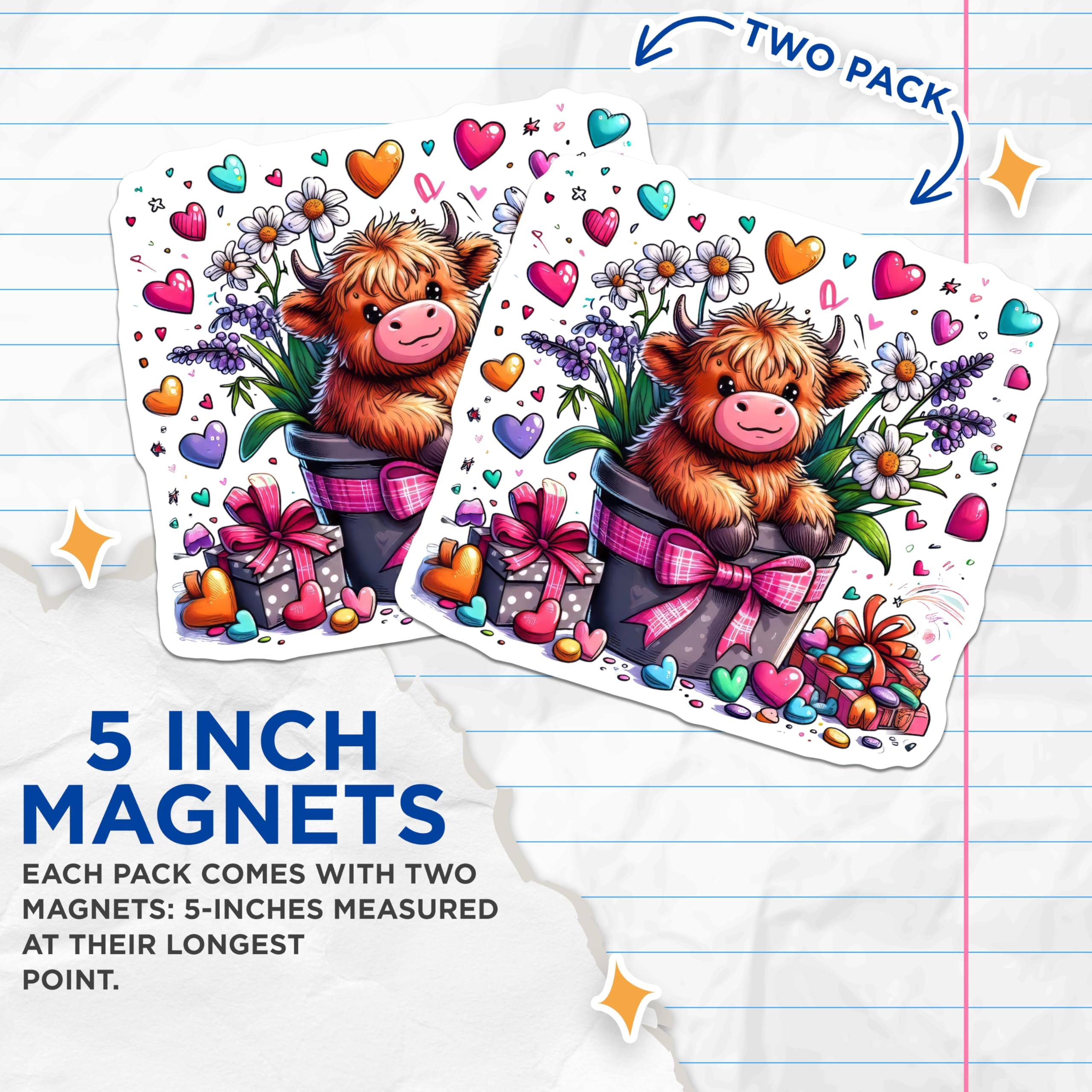 (2 Pack) Highland Cow Magnets - Cute Cow Decor - Heart Magnets - 5" On Longest Side - Premium Magnet - for Cars, Refrigerators, Toolboxes, Lockers - Made in USA - MAG15366
