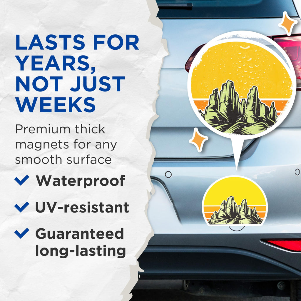 (2 Pack) Western Desert Mountain Magnets - Retro Sunset Landscape - Outdoor Adventure Vehicle Refrigerator Decor Accent - 5 Inches On Longest Side - Thick Durable Magnet - Made in USA - MAG22918