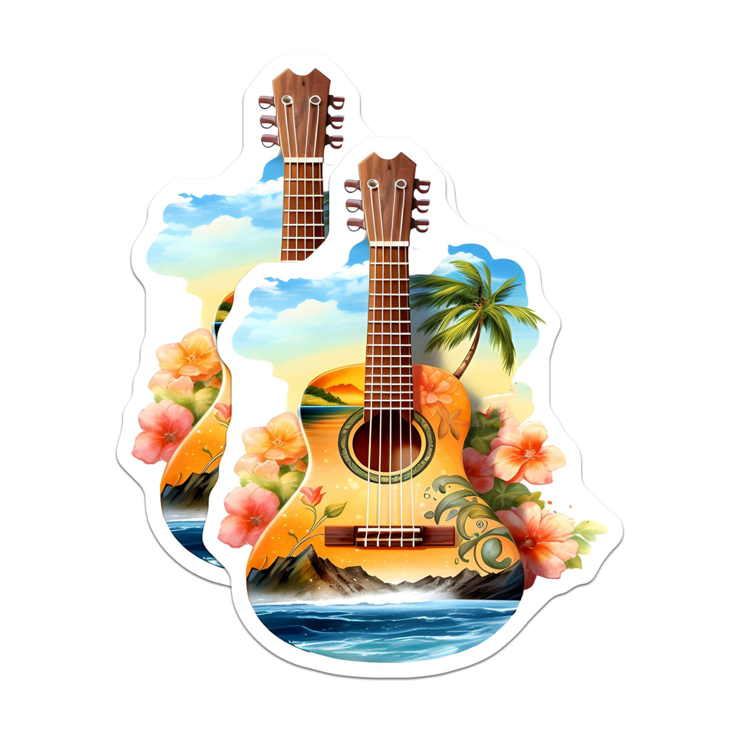 (2 Pack) Tropical Guitar Magnets - Hawaiian Island Vibes - Ocean Beach Palm Tree Art - Scenic Landscape Fridge Decoration - 5 Inches On Longest Side - Thick Durable Magnet - Made in USA - MAG23081