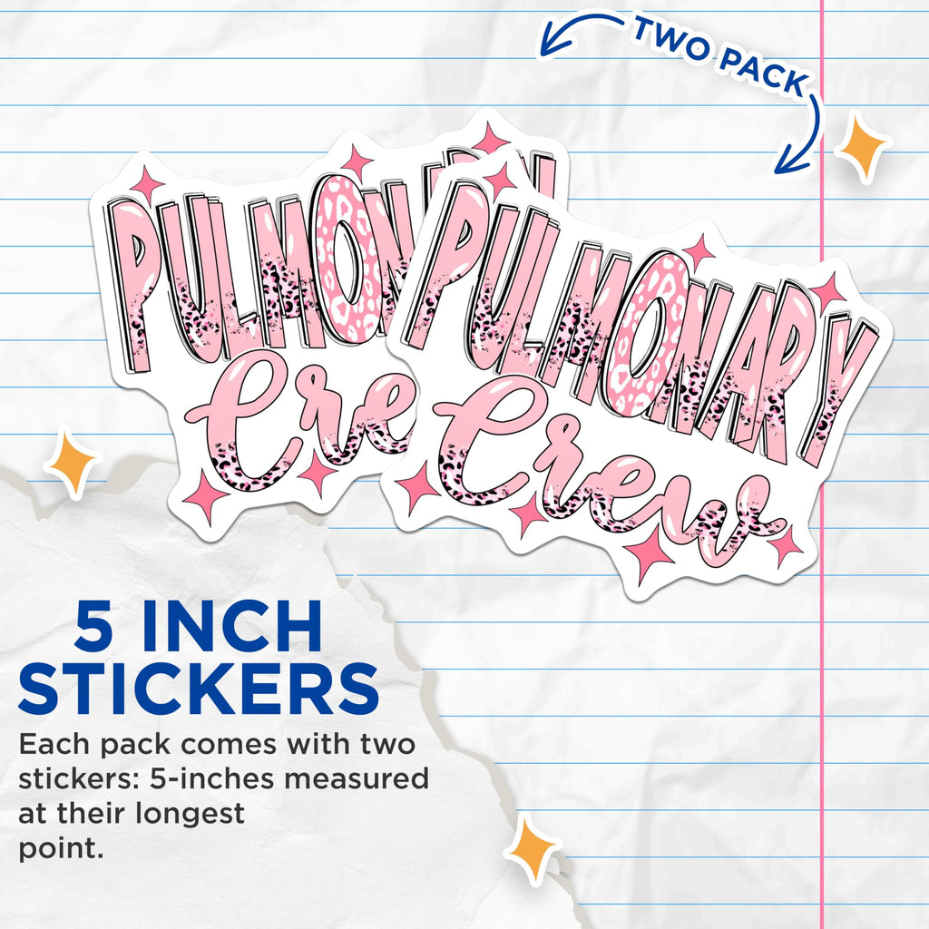 (2 Pack) Pulmonary Crew Stickers - Leopard Print Pink Stickers - Respiratory Therapist Stickers - 5" On Longest Side - Sticks to Smooth Flat Surfaces - Made in USA - BMCS17262