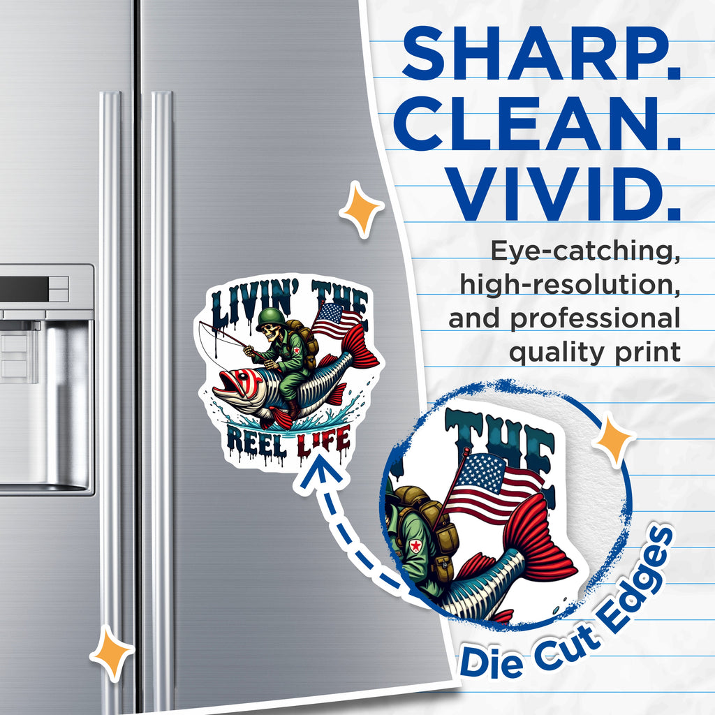 (2 Pack) Livin The Reel Life Magnets - Patriotic Fishing Skeleton - Military Veteran Angler Fridge Decor - 5 Inches On Longest Side - Thick Durable Magnet - Made in USA - MAG36073