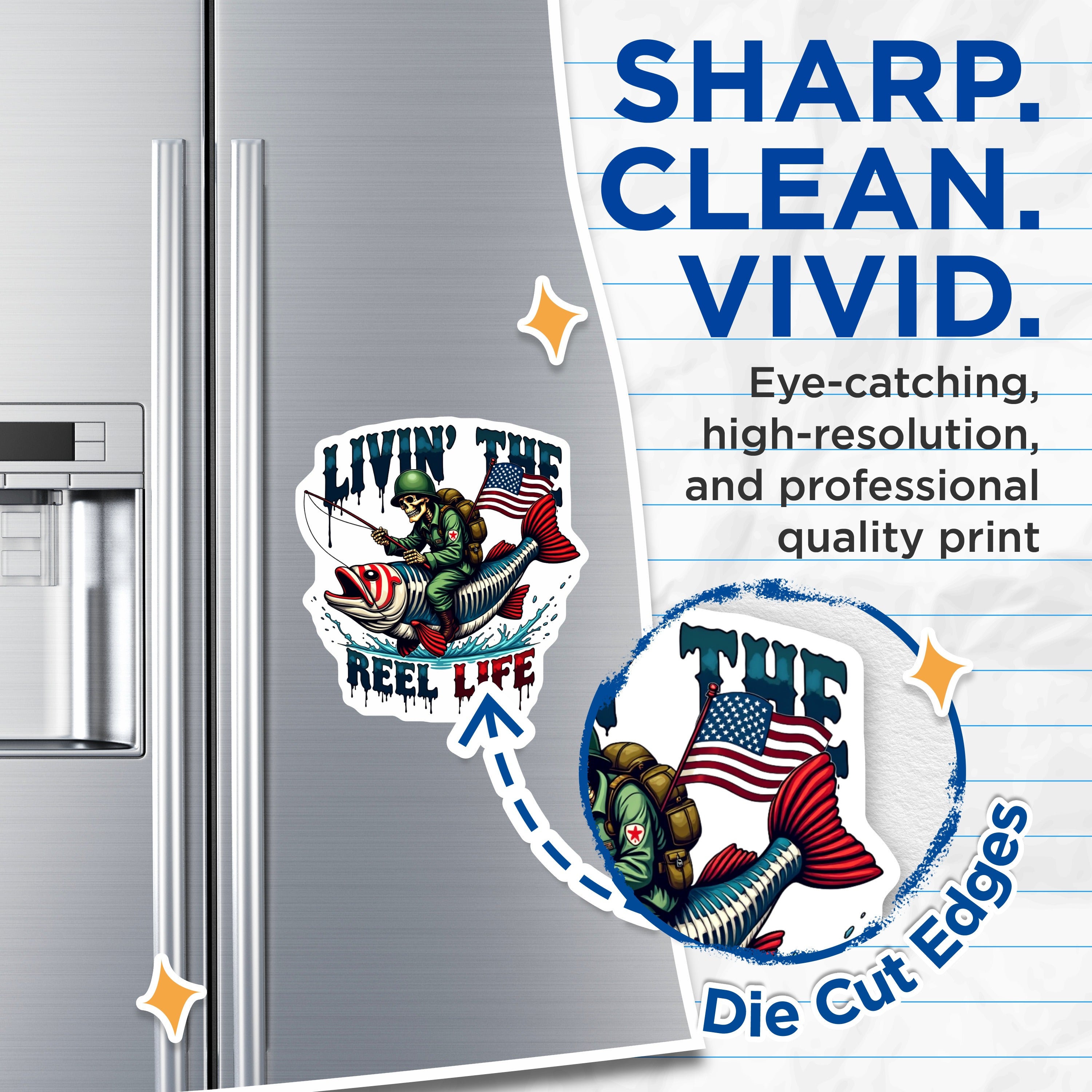 (2 Pack) Livin The Reel Life Magnets - Patriotic Fishing Skeleton - Military Veteran Angler Fridge Decor - 5 Inches On Longest Side - Thick Durable Magnet - Made in USA - MAG36073