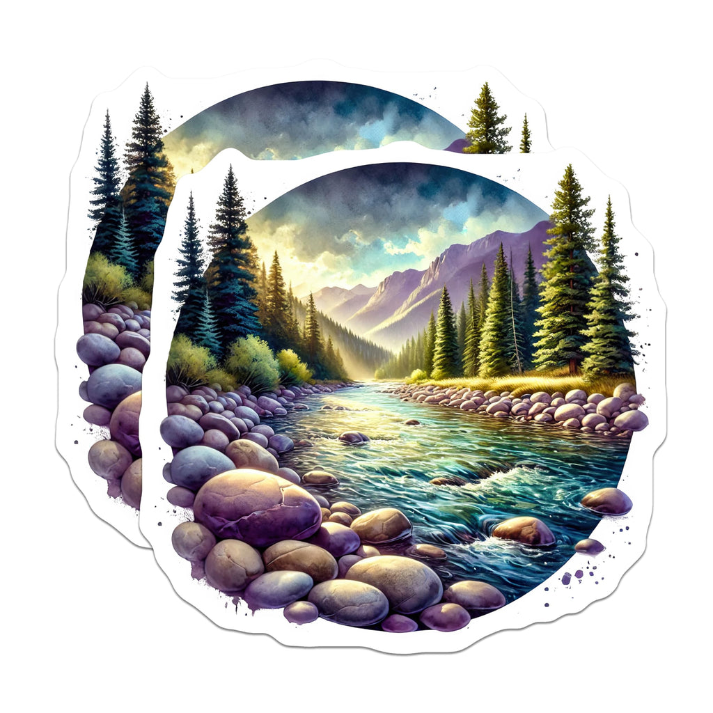 (2 Pack) River Scenery Magnets - Mountain Stream Decor - Nature Illustration Fridge Magnets - 5" On Longest Side - Premium Magnet - for Cars, Refrigerators, Toolboxes, Lockers - Made in USA - MAG18792