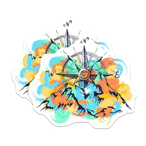 (2 Pack) Adventure Compass Stickers - Mountain Stickers - Outdoor Nature Scene Stickers - Travel Enthusiast - 5" On Longest Side - Sticks to Smooth Flat Surfaces - Made in USA - BMCS4733