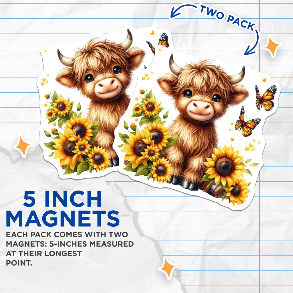 (2 Pack) Cute Highland Cow Magnets - Fluffy Calf Sunflowers - Farmhouse Decor Animal Art - 5 Inches On Longest Side - Thick Durable Magnet - Made in USA - MAG38237