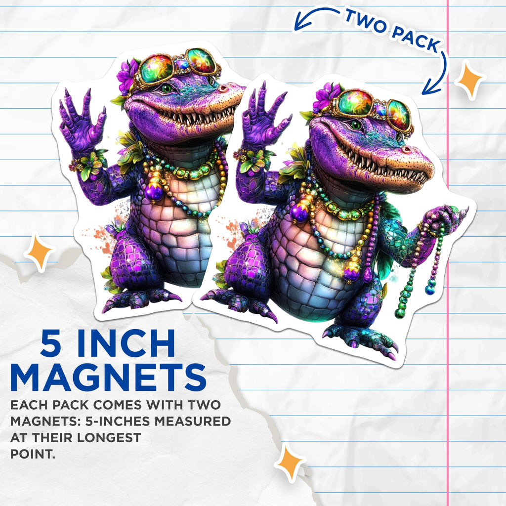 (2 Pack) Mardi Gras Alligator Magnets - Party Gator Magnet - Fridge Magnets - 5" On Longest Side - Premium Magnet - for Cars, Refrigerators, Toolboxes, Lockers - Made in USA - MAG14592