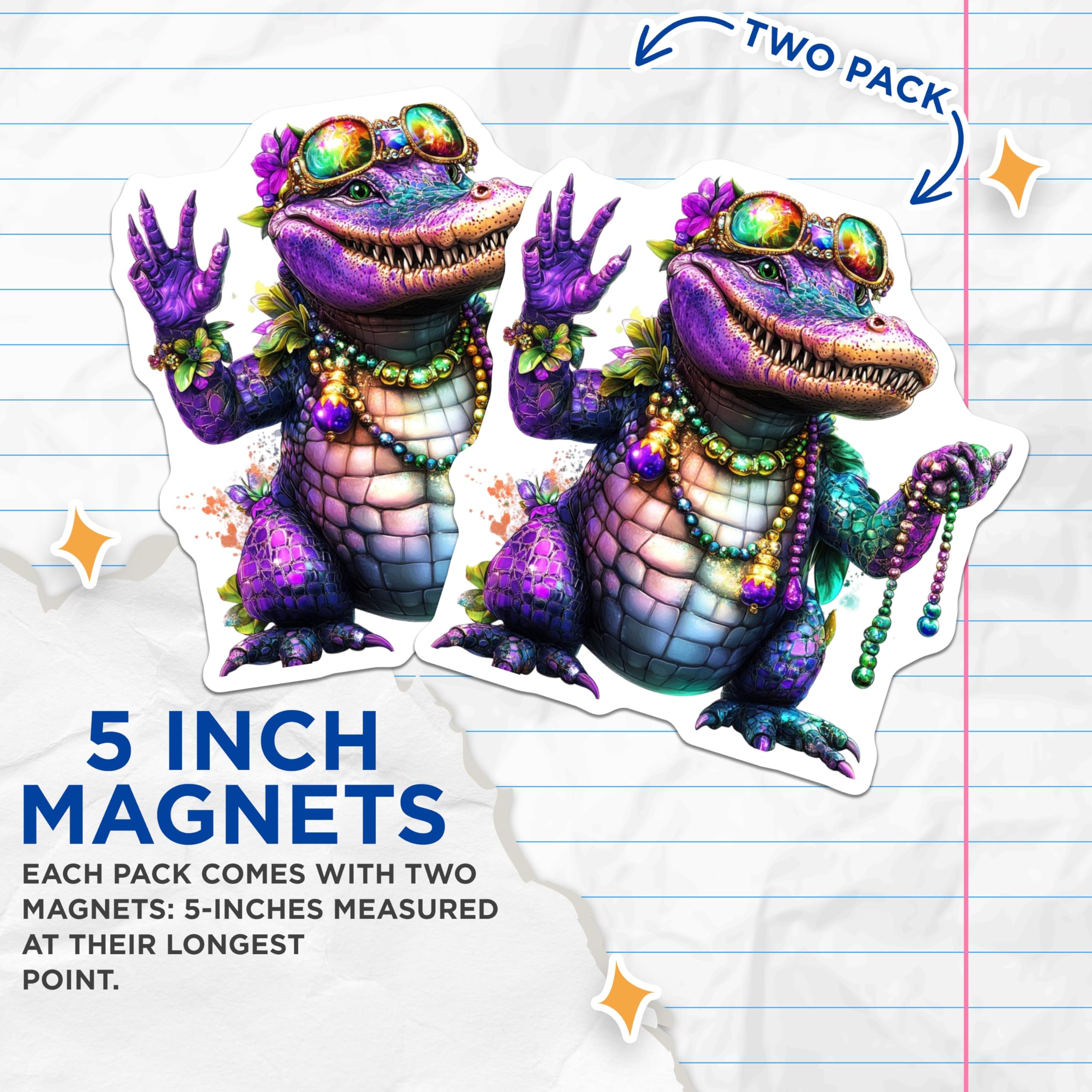 (2 Pack) Mardi Gras Alligator Magnets - Party Gator Magnet - Fridge Magnets - 5" On Longest Side - Premium Magnet - for Cars, Refrigerators, Toolboxes, Lockers - Made in USA - MAG14592