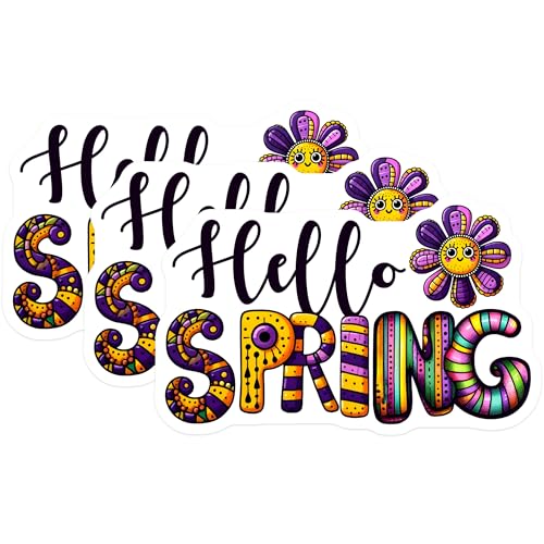 (3 Pack) Hello Spring Decals - Colorful Flower - Floral Laptop Decal - 3 Inches On Longest Side - Easy Peel & Apply - Made in USA - 3MCS6770