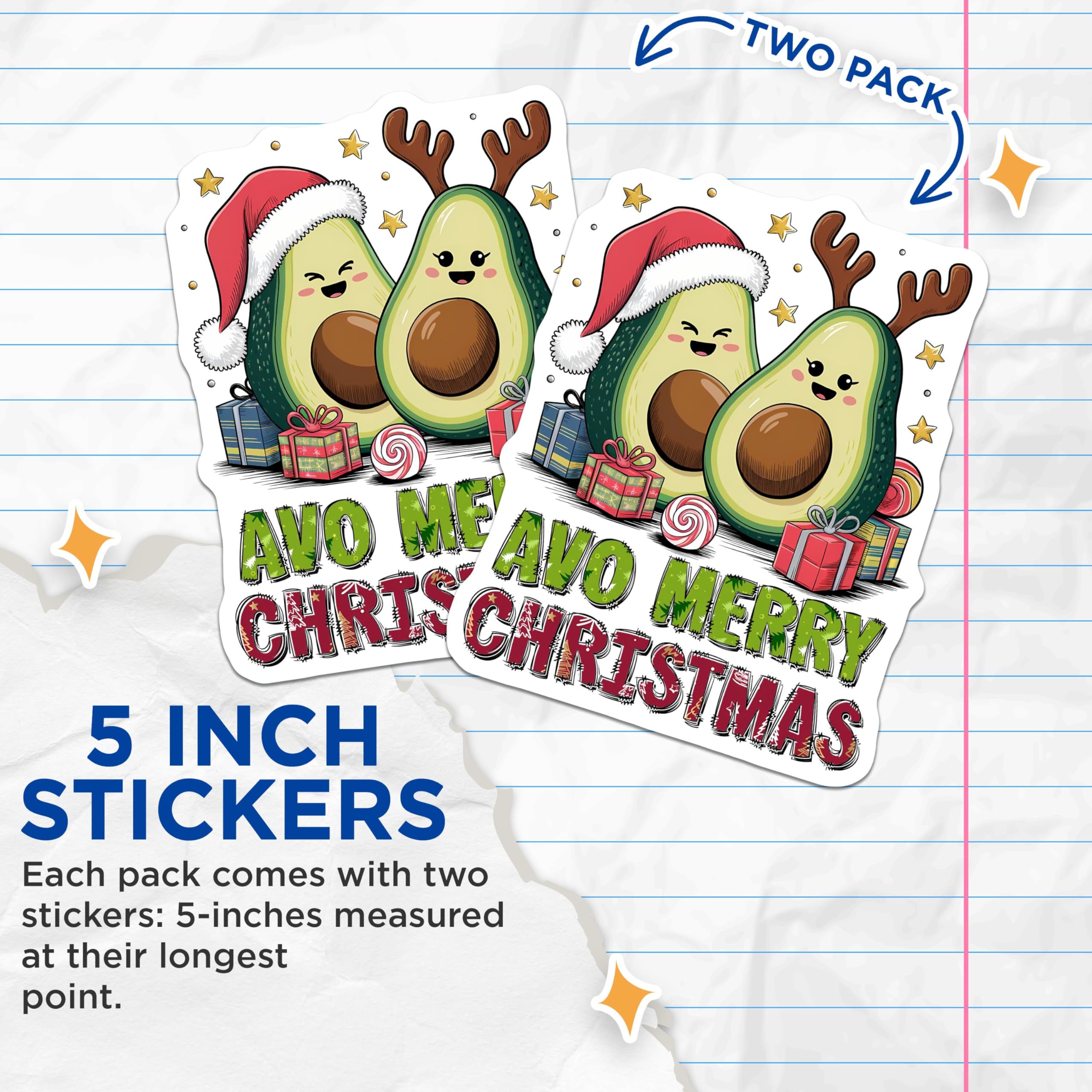 (2 Pack) Christmas Avocado Stickers - Funny Avocado Decor - 5" On Longest Side - Sticks to Smooth Flat Surfaces - Made in USA - BMCS8381 - BMCS8381