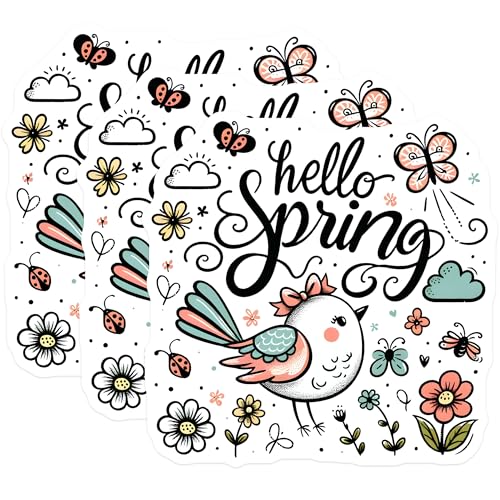 (3 Pack) Hello Spring Decals - Floral Stickers - Bird Laptop Decals - 3 Inches On Longest Side - Easy Peel & Apply - Made in USA - 3MCS6769