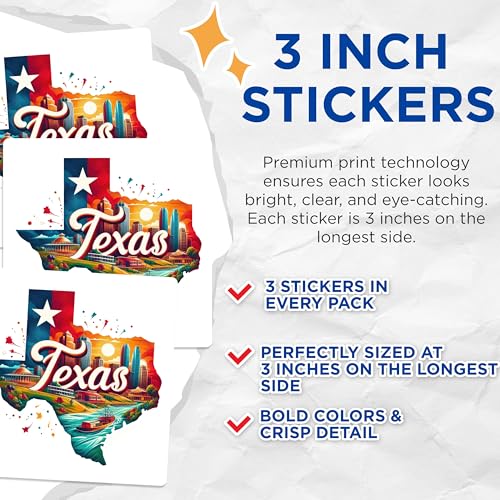 (3 Pack) Texas Decals - Texas State Art - Laptop Decals - 3 Inches On Longest Side - Easy Peel & Apply - Made in USA - 3MCS4107