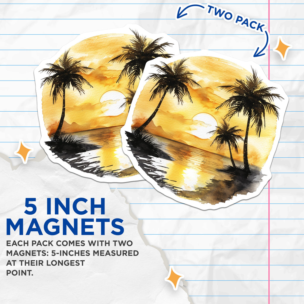 (2 Pack) Tropical Sunset Magnets - Palm Tree Beach Scene - Watercolor Fridge Decor - Island Life Souvenir - 5 Inches On Longest Side - Thick Durable Magnet - Made in USA - MAG39696