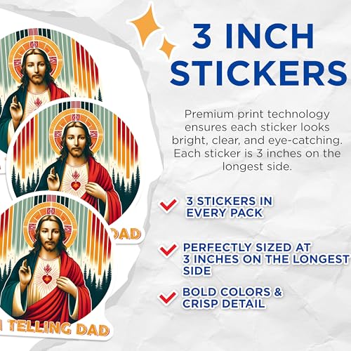 (3 Pack) I'm Telling Dad Decals - Retro Jesus - Funny Christian Laptop Decal - 3 Inches On Longest Side - Easy Peel & Apply - Made in USA - 3MCS6257