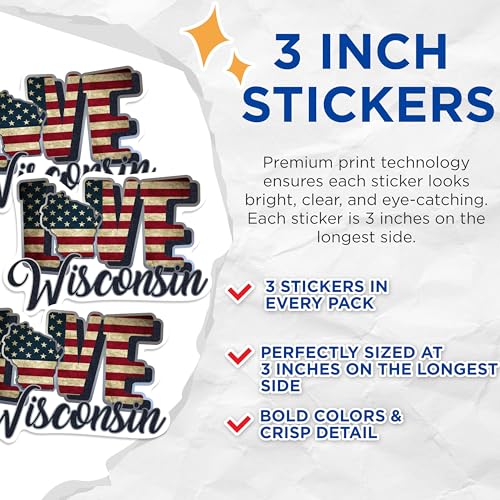 (3 Pack) Wisconsin Decals - American Flag - Laptop Decal - 3 Inches On Longest Side - Easy Peel & Apply - Made in USA - 3MCS0340