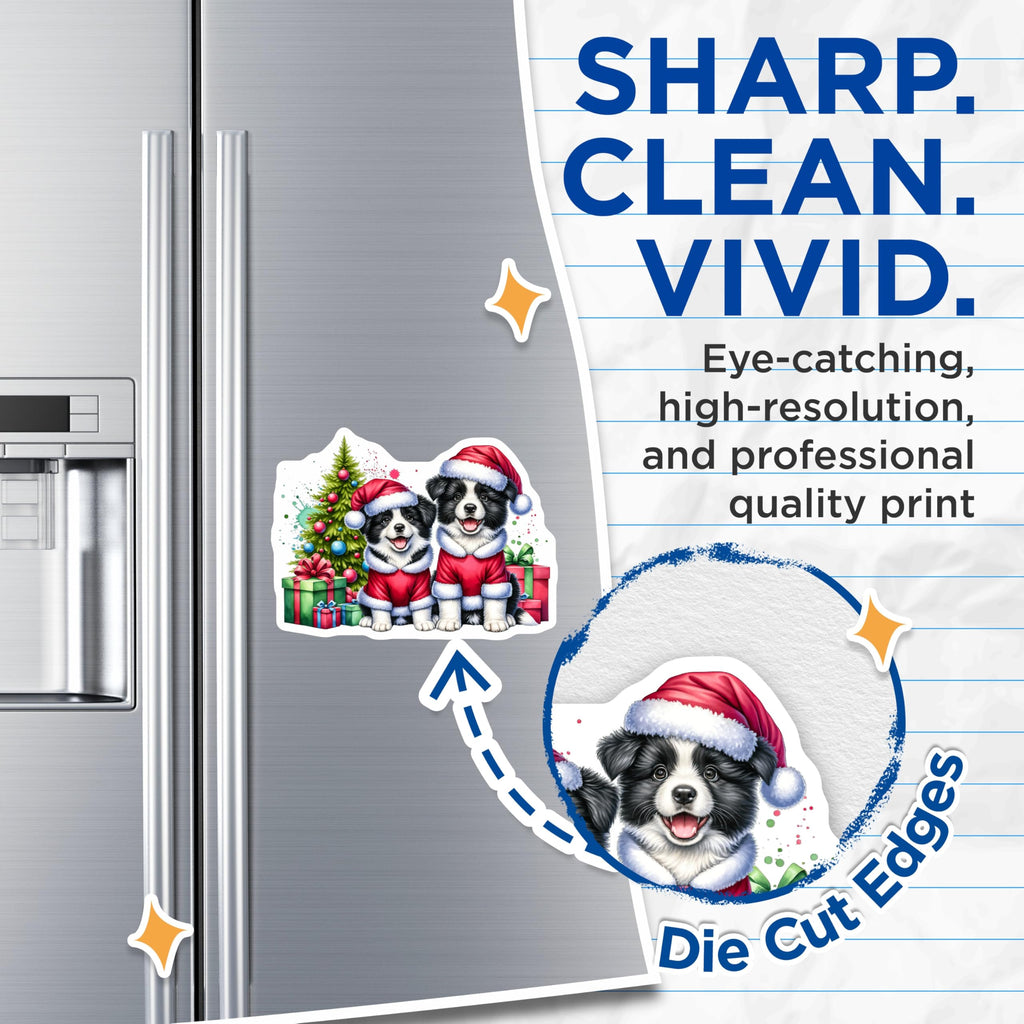 (2 Pack) Border Collie Christmas Puppies Magnets - Holiday Dog Decor - Puppy Refrigerator Accent - 5 Inches On Longest Side - Thick Durable Magnet - Made in USA - MAG27127