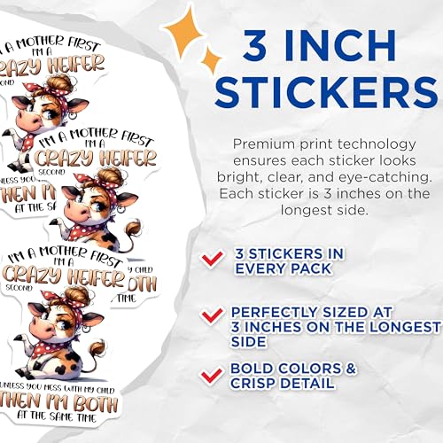 (3 Pack) Crazy Heifer Mom Decals - Mother First Decals - Protective Mother Laptop Decal - 3 Inches On Longest Side - Easy Peel & Apply - Made in USA - 3MCS2549