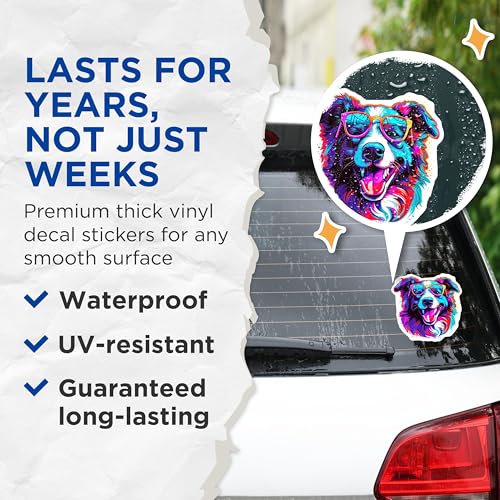 (2 Pack) Colorful Dog Stickers - Fun Pet Art - Cool Dog Graphic - 5" On Longest Side - Sticks to Smooth Flat Surfaces - Made in USA - BMCS7235