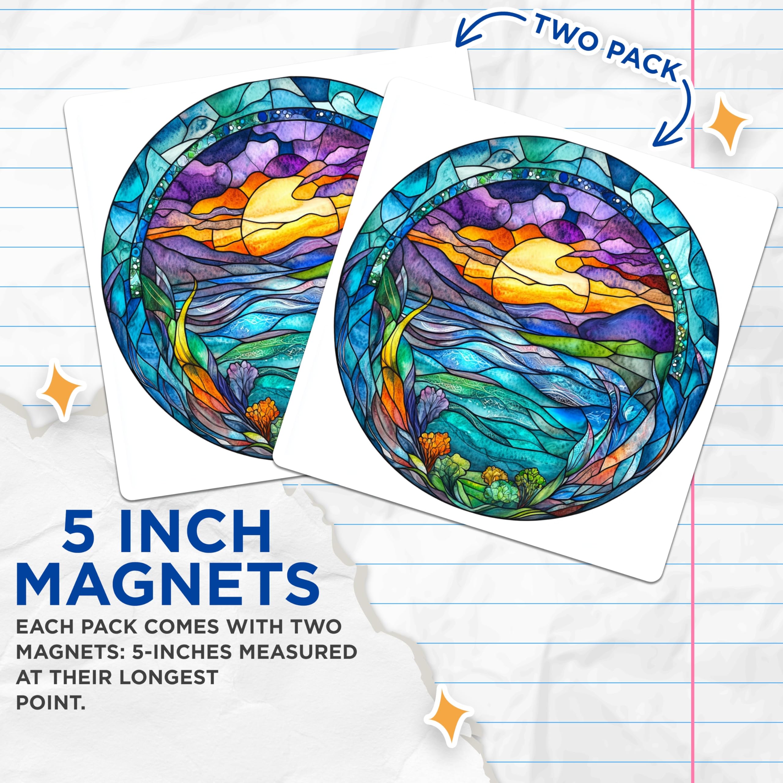 (2 Pack) Stained Glass Sunset Magnets - Coastal Decor - Art Lover Refrigerator Accent - 5 Inches On Longest Side - Thick Durable Magnet - Made in USA - MAG29035
