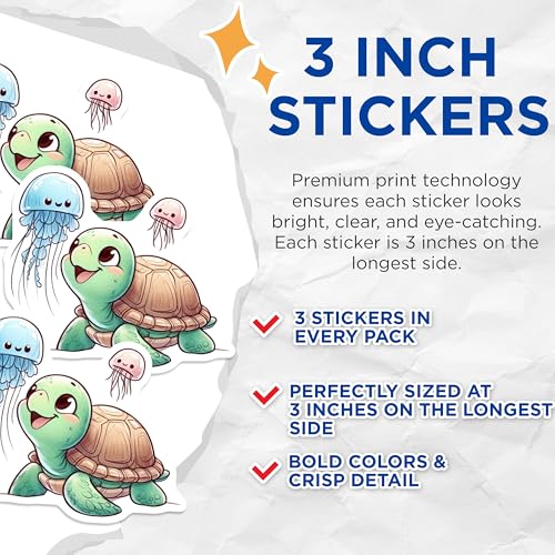 (3 Pack) Turtle Jellyfish Decals - Sea Turtle Stickers - Cute Laptop Decals - 3 Inches On Longest Side - Easy Peel & Apply - Made in USA - 3MCS0094
