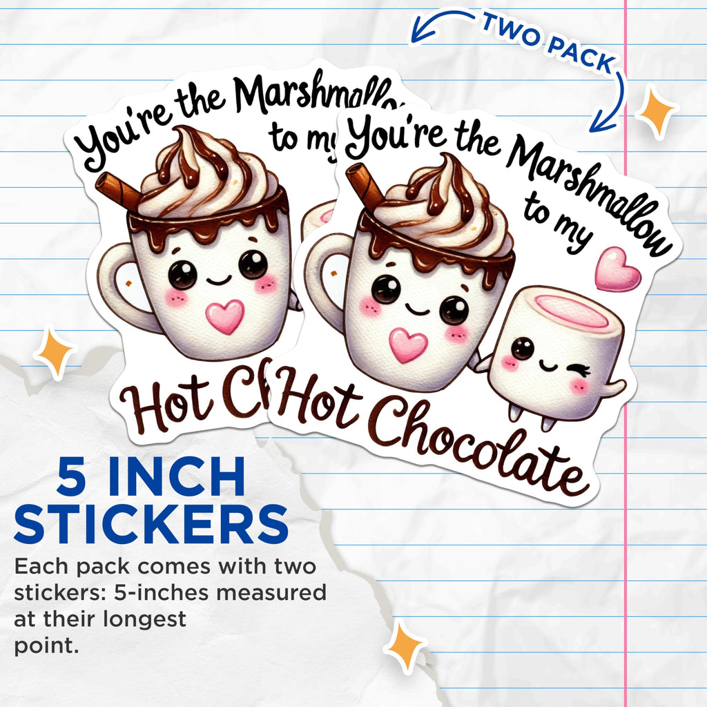 (2 Pack) Marshmallow Hot Chocolate Stickers - Cute Food Stickers - Kawaii Beverage Stickers - 5" On Longest Side - Sticks to Any Smooth Flat Surface - Made in USA - BMCS3528