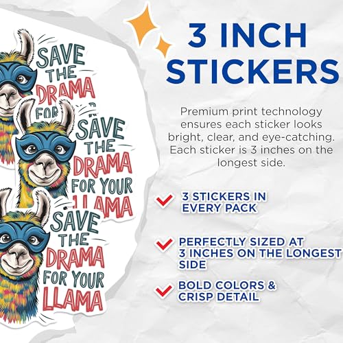 (3 Pack) Llama Drama Decals - Funny Llama Stickers - Laptop Decal - 3 Inches On Longest Side - Easy Peel & Apply - Made in USA - 3MCS0900