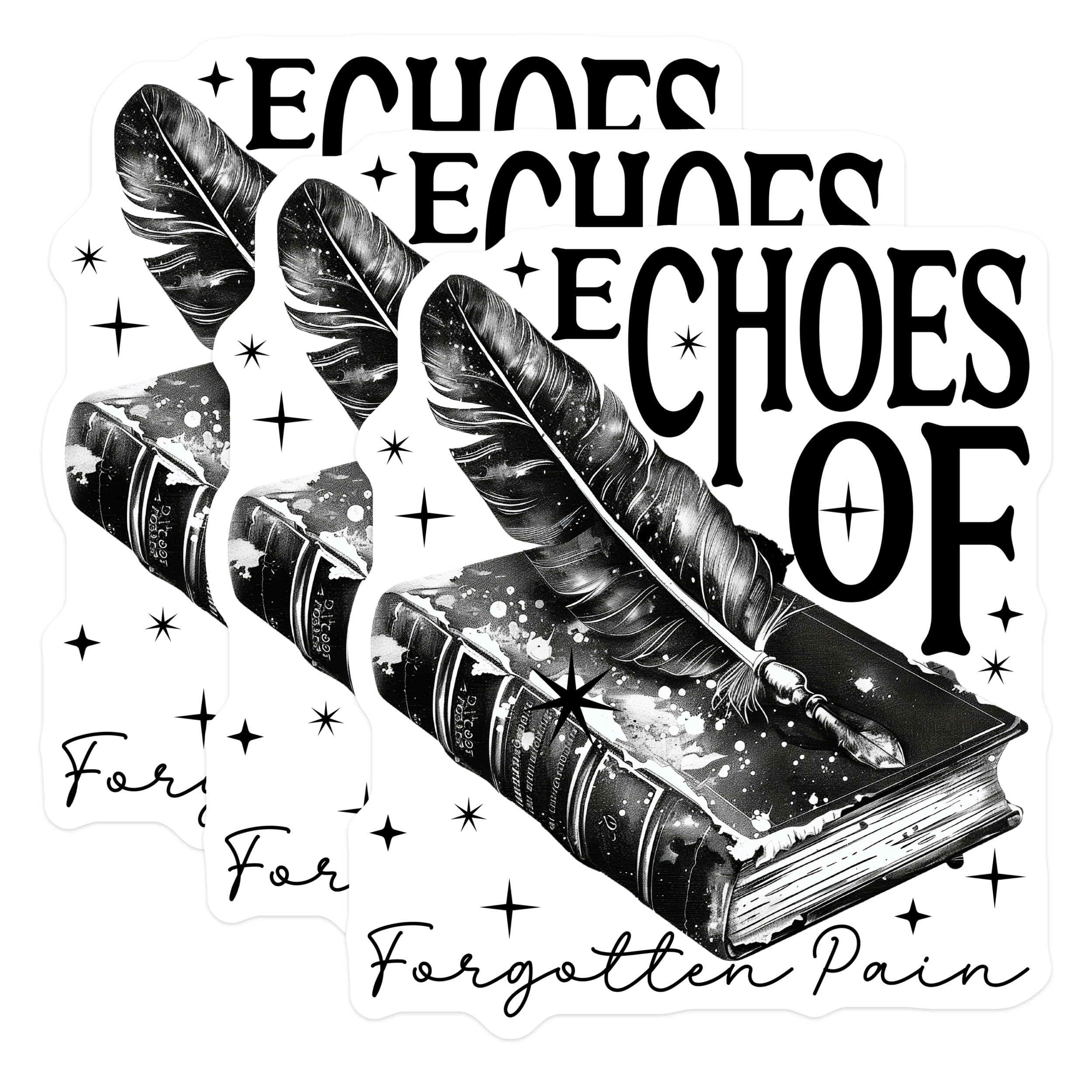 (3 Pack) Echoes of Forgotten Pain Decals - Feather and Book Stickers - Literary Gothic Inspired Decal - 3 Inches On Longest Side - Easy Peel & Apply - Made in USA - 3MCS2225